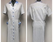 1960 39 s True Vintage Blue and White, Windowpane Button Front Day Dress, XXL