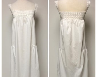 1920&#39;s White Nightgown | Cotton Muslin Dress | Crocheted Yoke, Trim | Gathered Hips | Med.