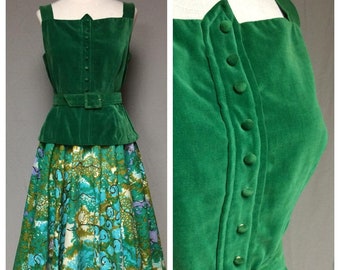 1950's Multicolored Circle Skirt | Green Velveteen Over Bodice Belt | Cotton Circle Skirt | Sm.