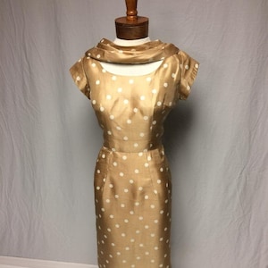 1950&#39;s Dress | Silk Polka Dot Dress | Taupe & White | Scoop Neck Front |Bias Cut Neck Drape | V-Neck Back | Sm.