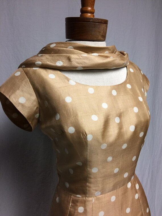 1950's Tan/White Silk Polka Dot Dress | Bias Cut … - image 9