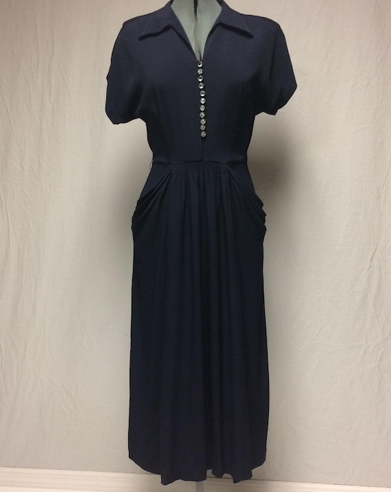 1940's Navy Rayon Gown | Dropped Shoulder | Draped