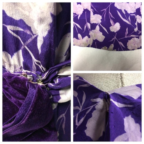 1930's Purple/Carnations Silk Gown Purple Velvet … - image 10