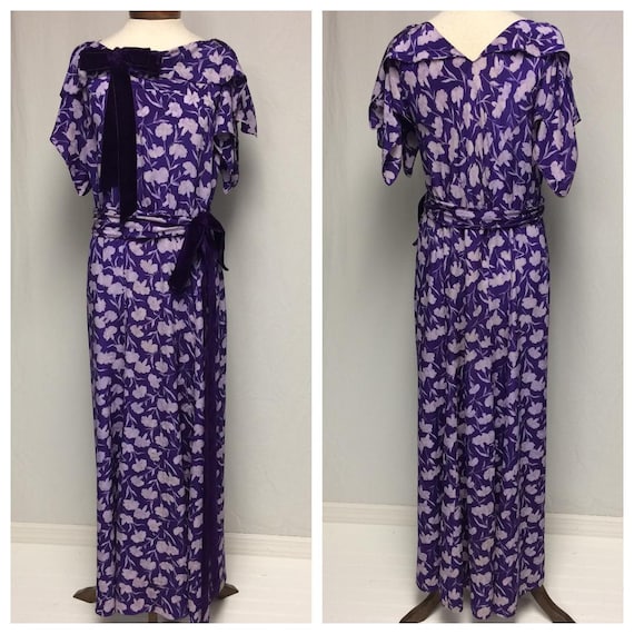 1930's Purple/Carnations Silk Gown Purple Velvet … - image 1