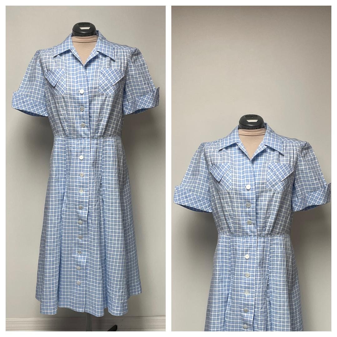 1960's Blue/White Windowpane Day Dress | Shirtwaist | Short Cuffed Sleeve, Button Front, A-line Skirt | Fold Back Camp Collar Lg.
