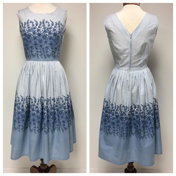 1950's Blue Cotton Dress | Checked with Floral Bo… - image 1