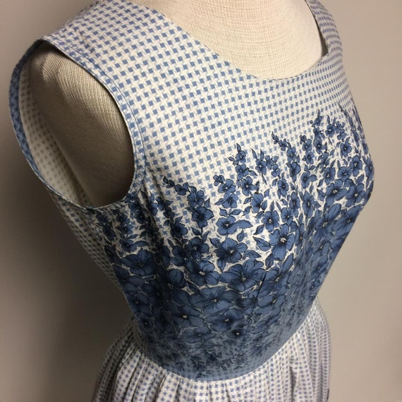 1950's Blue Cotton Dress | Checked with Floral Bo… - image 10