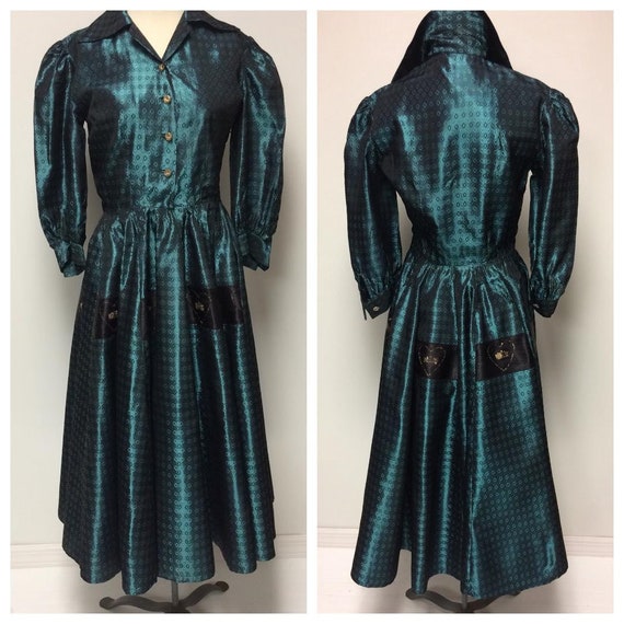 1950's Teal Taffeta Dress | Reverse Thread Geomet… - image 1