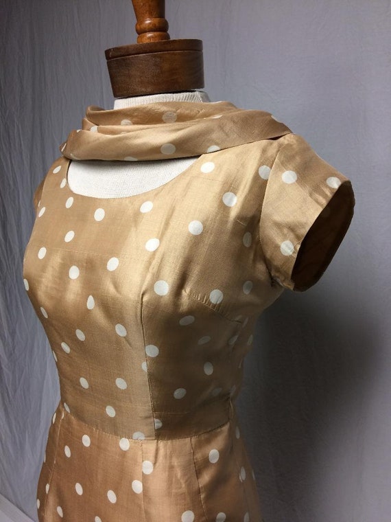 1950's Tan/White Silk Polka Dot Dress | Bias Cut … - image 5