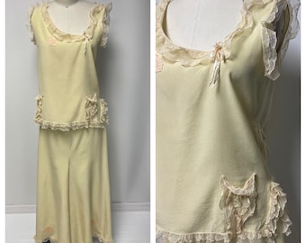 1930&#39;s Lingerie Set Yellow Top and Wide Leg Pants, Lounging 2Piece Outfit Embroidered Tulle Sm.