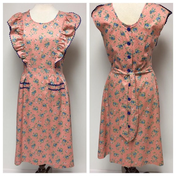 1940's Floral Print Cotton Ruffled House Dress Med