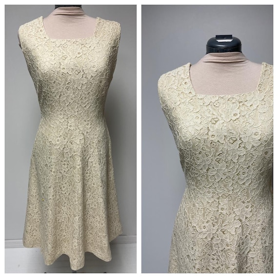 1950's Ecru Lace Party Dress Sleeveless Wedding D… - image 2