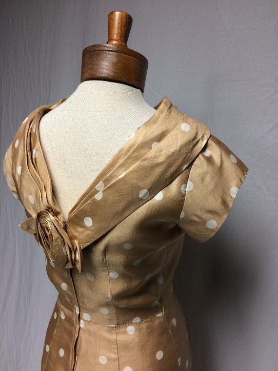 1950's Tan/White Silk Polka Dot Dress | Bias Cut … - image 6