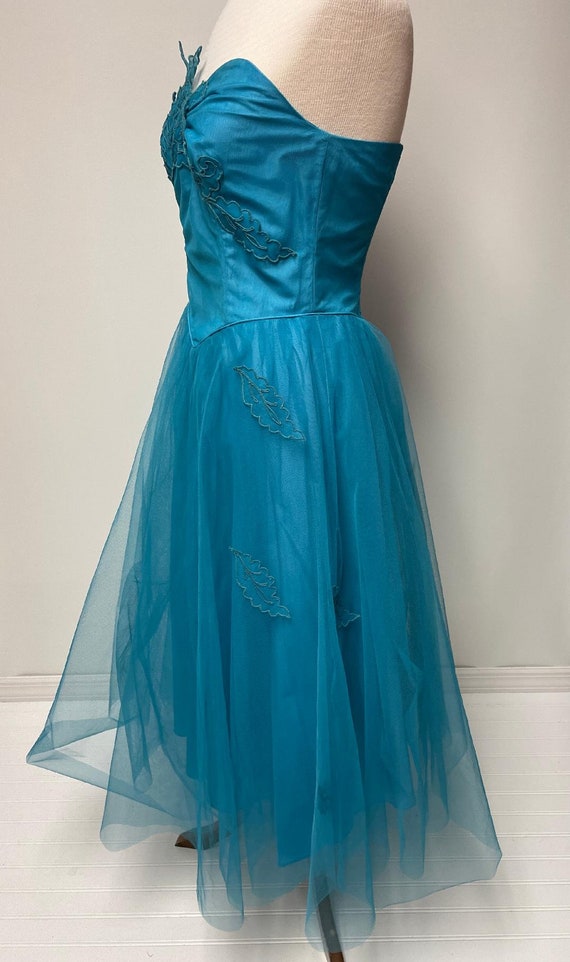 1950's Turquoise Tulle/Taffeta Party Dress | Stra… - image 5