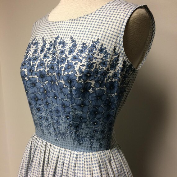 1950's Blue Cotton Dress | Checked with Floral Bo… - image 4