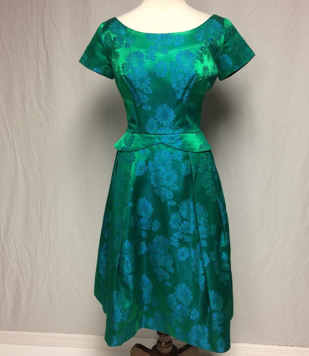 1950's Green/blue Satin Damask Dress RAPPI Peplum, Short Sleeve , Back Bow Evening/ Party Dress