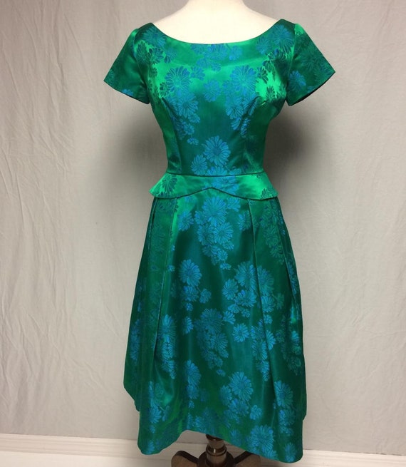 1950's Green/Blue Satin Damask Dress | RAPPI | Pe… - image 1