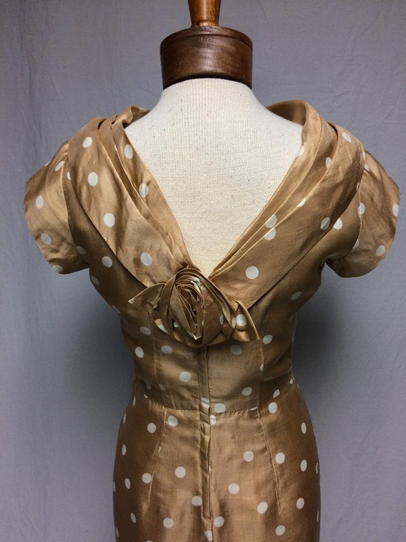 1950's Tan/White Silk Polka Dot Dress | Bias Cut … - image 4