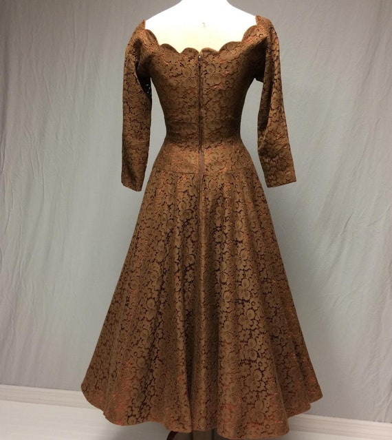ワンピース Mid 1950s Vintage Brown Cotton Dress 1950's Brown Cotton Lace Dress | Over Burnt Orange Taffeta