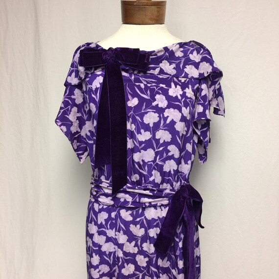 1930's Purple/Carnations Silk Gown Purple Velvet … - image 2