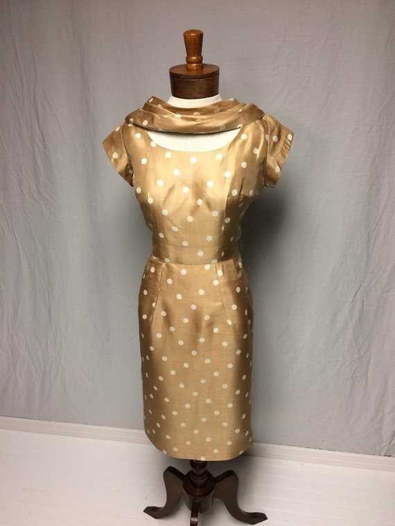 1950's Tan/White Silk Polka Dot Dress | Bias Cut … - image 1