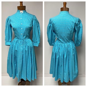 1950&#39;s Turquoise, White Polka Dot Dress | Anne Fogarty | Cotton | Double Pleated, Cuffed Sleeve | Button Front | Mandarin Collar | Med