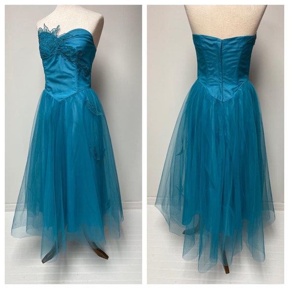 1950's Turquoise Tulle/Taffeta Party Dress | Stra… - image 2