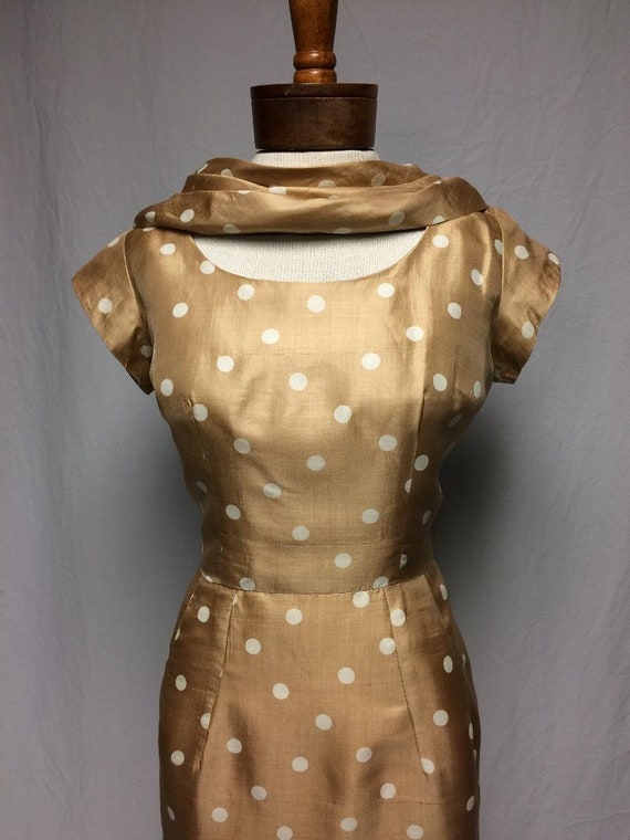 1950's Tan/White Silk Polka Dot Dress | Bias Cut … - image 3