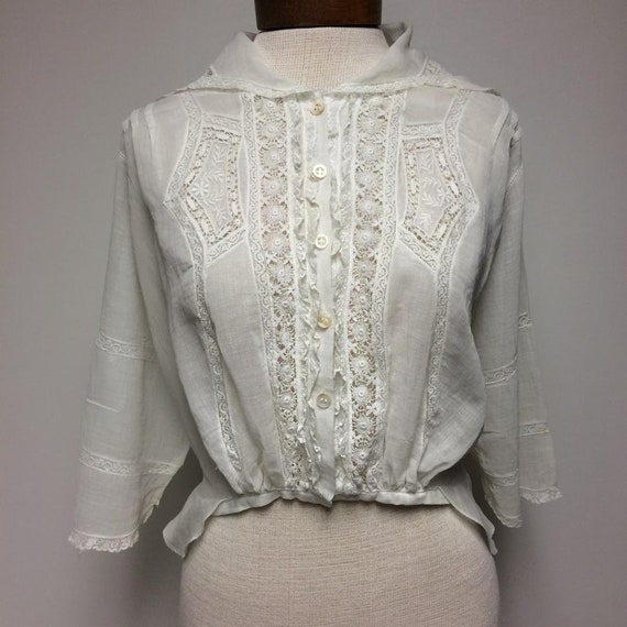 1910's EdwardianWhite Cotton Voile and Lace Blouse