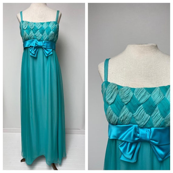 1960's Empire Waist Gown, Turquoise Chiffon Dress, Gathered