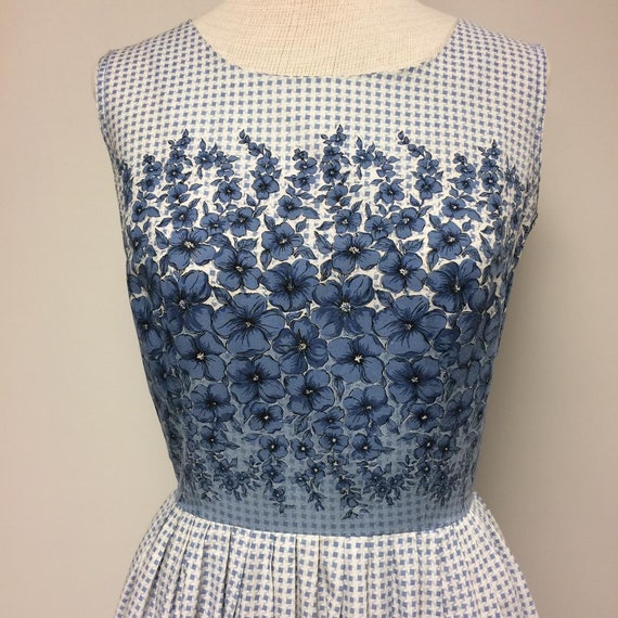 1950's Blue Cotton Dress | Checked with Floral Bo… - image 2