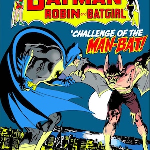 Peut inclure: Couverture de bande dessinée pour Detective Comics #400 avec Batman, Robin et Batgirl. L'illustration montre Batman combattant Man-Bat sur fond de paysage urbain. Le titre est en rouge et jaune gras, avec le numéro de l'édition et le texte "Smash Issue!"