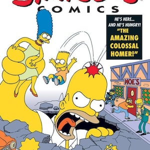 Könnte beinhalten: Comic-Cover von Simpsons Comics #1. Das Cover zeigt Homer Simpson mit offenem Mund, umgeben von anderen Charakteren der Serie. Der Titel "Simpsons Comics" steht in großen roten Buchstaben.