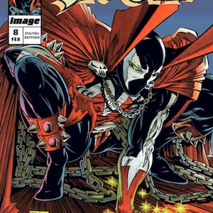 Op de afbeelding: Een stripboekcover getiteld Spawn nummer 8, met een personage in een zwart en rood pak met een grote rode cape, handschoenen met spikes en zilveren kettingen. Het personage hurkt over een hoop kettingen met gloeiende gele ster-achtige vonken.