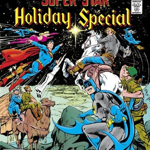 May include: Comic book cover for the "Super Star Holiday Special" from April 1980, featuring DC Comics heroes. Superman, Batman, and others are depicted in action. The cover includes text: "5 All-New Stories!" and "Join the World's Greatest Heroes in Quest of a Dream!"