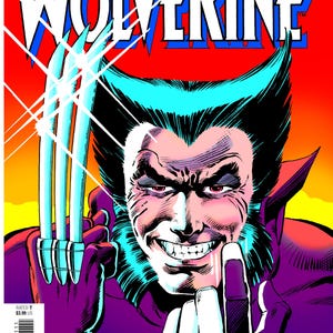May include: A Marvel Comics Limited Series Wolverine issue 1 comic book cover featuring a character with black hair, a purple suit, and three long, metallic claws extending from the right hand. The background is a vibrant red and yellow gradient.