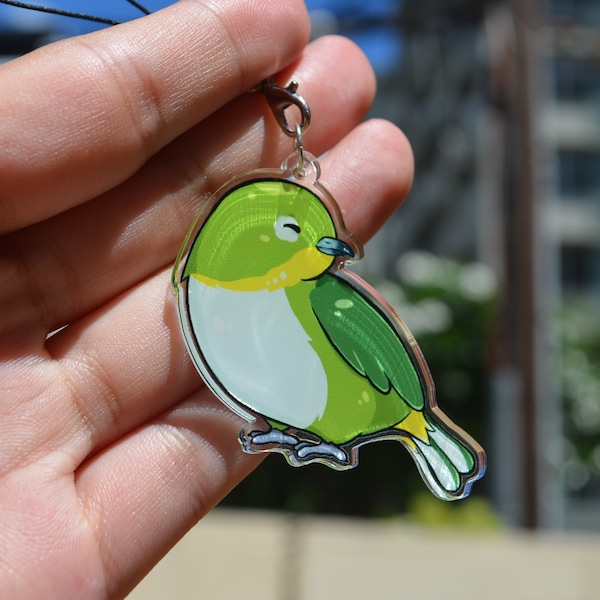 CLEARANCE Cute Green Bird 2" Acrylic Charm || Animal Accessory for Cellphone, Bag || Japanese White Eye Bird Keychain || Original || Gift ||