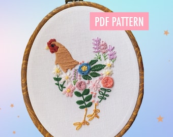 Motif de broderie de poulet floral | Téléchargement numérique | Tutoriel + Guide