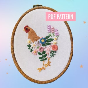 Floral Chicken Embroidery Pattern | Digital Download | Tutorial + Guide