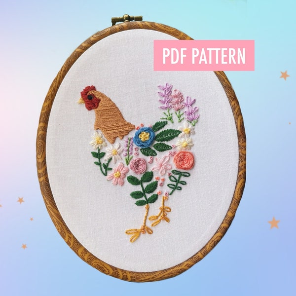 Motif de broderie de poulet floral | Téléchargement numérique | Tutoriel + Guide