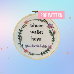 Patrón de bordado de recordatorio de teléfono, billetera, llaves / Descarga digital / Tutorial + Guía