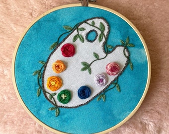 Floral Paint Palette Embroidery | Handmade Fiber Art | 6 Inch Hoop