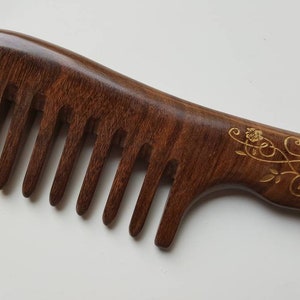 Gift for Mom, Valentines Day Gift,  Birthday Gift, Extra Wide Tooth Wood Comb, Detangling Hair Comb, Curls Hair Comb with Handle 7.5&quot;/19cm