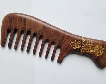 Handmade Wood Comb with Rose Design: Wide Tooth, Curly Hair Comb  7.5"/19cm