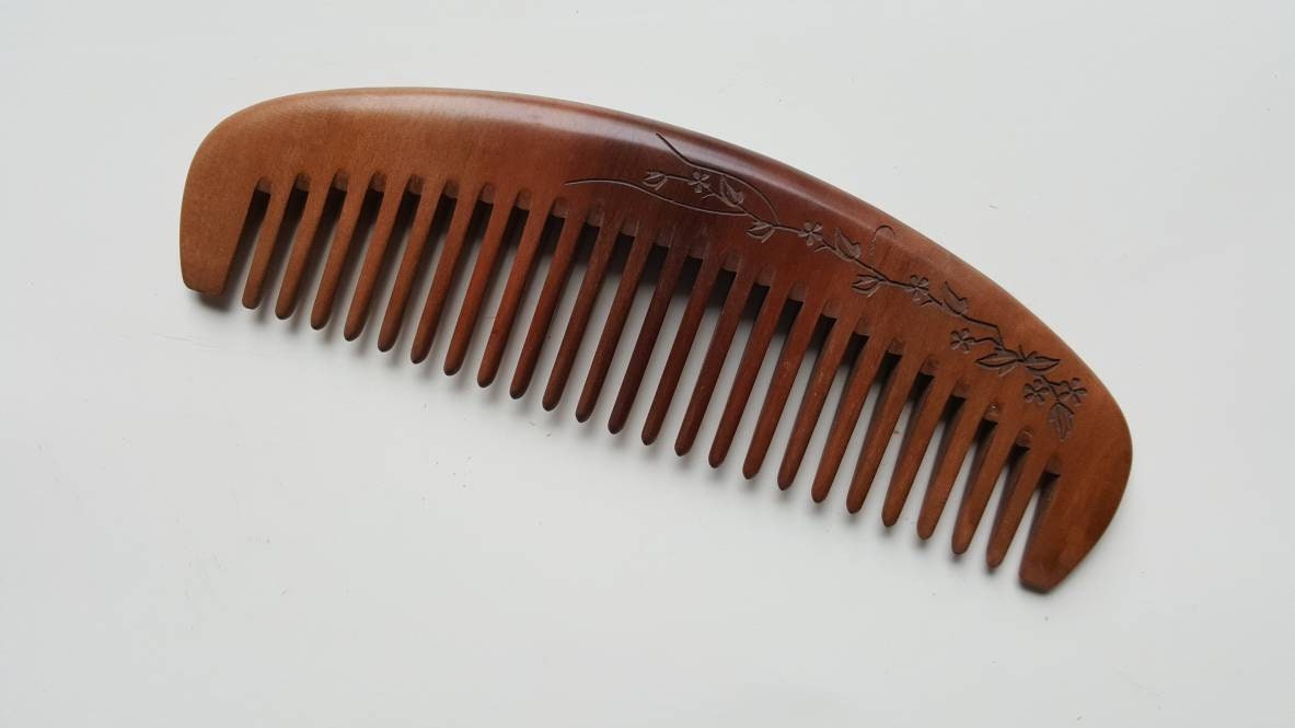 Engraved Peach Wood Hair Comb: Wide Tooth, No Static 6.7in/17cm