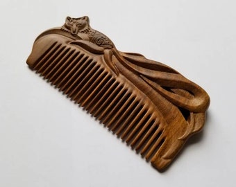 Hand-Carved Comb, Fox Design Hair Comb, Araki Wooden Comb, Sandalwood Comb, Bridal Shower Gift, Bridesmaid Gift, Wood Comb Women4.7"(12cm)
