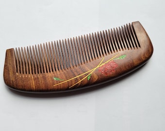Regalo para ella, flor de loto, peine de madera, dientes finos: 15,5 cm (6,1")