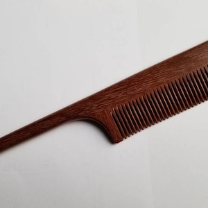 Handcrafted rat tail wood comb with fine teeth, pau rosa wood, designed for precision sectioning.  Suitable for hair styling and hair braiding. Eco luxury gift for her