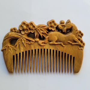 Hand-Carved Sandalwood Comb: Plum, Bamboo, Horse Design