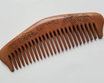 Peach Wood Hair Beard Comb, Gift for Guys/Men, Engraved Natural Pattern 6.7"/17cm